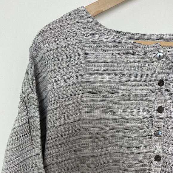 J. Jill Sz Medium Gray Pure Linen Pullover Henley Blouse Pockets Lagenlook - Picture 3 of 12
